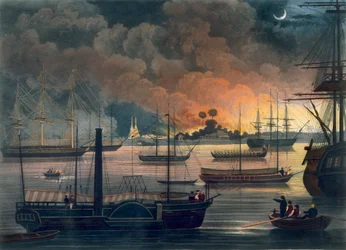 The Conflagration of Dalla on the Rangoon River, plate 17 fra 'Rangoon Views', gravert av George Hunt, 1826 (akvatint)